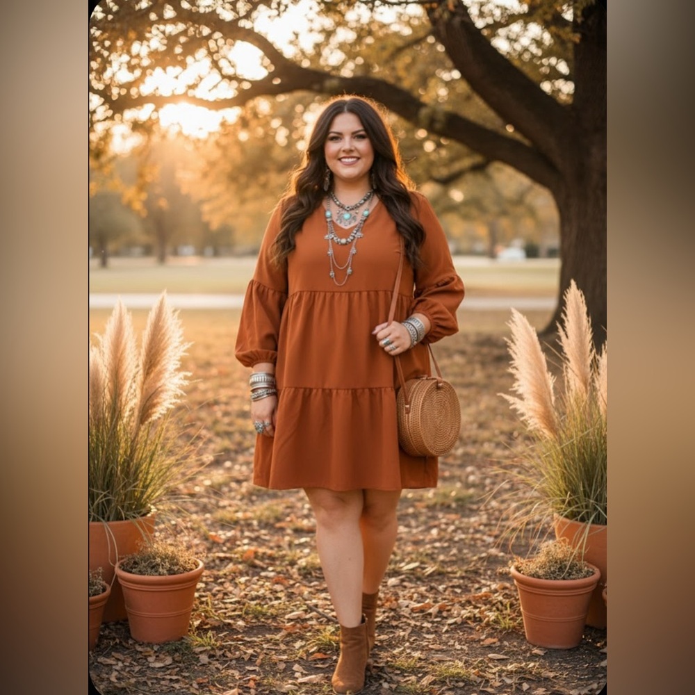 V-Neck- Rust Caramel Long Sleeve Tiered Dress